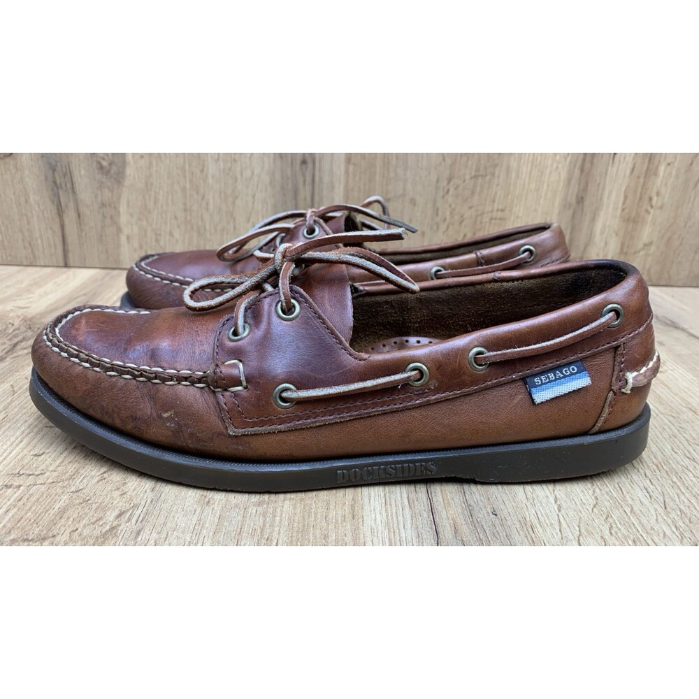 Sebago Docksides Boat Shoes Men's 9 M Brown Leather Lace Up Moc Toe Casual - Picture 3 of 16